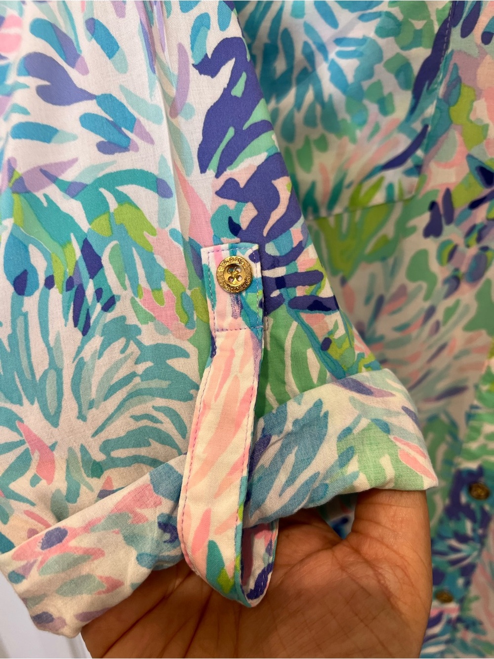 $98 Lilly Pulitzer Turquoise Blue Pink Green Palm-Print Shirtdress - Picture 9 of 11